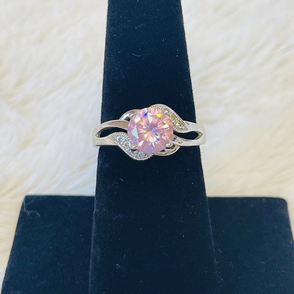 Pink and Clear Ring Jewelry Fashion Rhinestone Silver Tone Costume Size 7.5